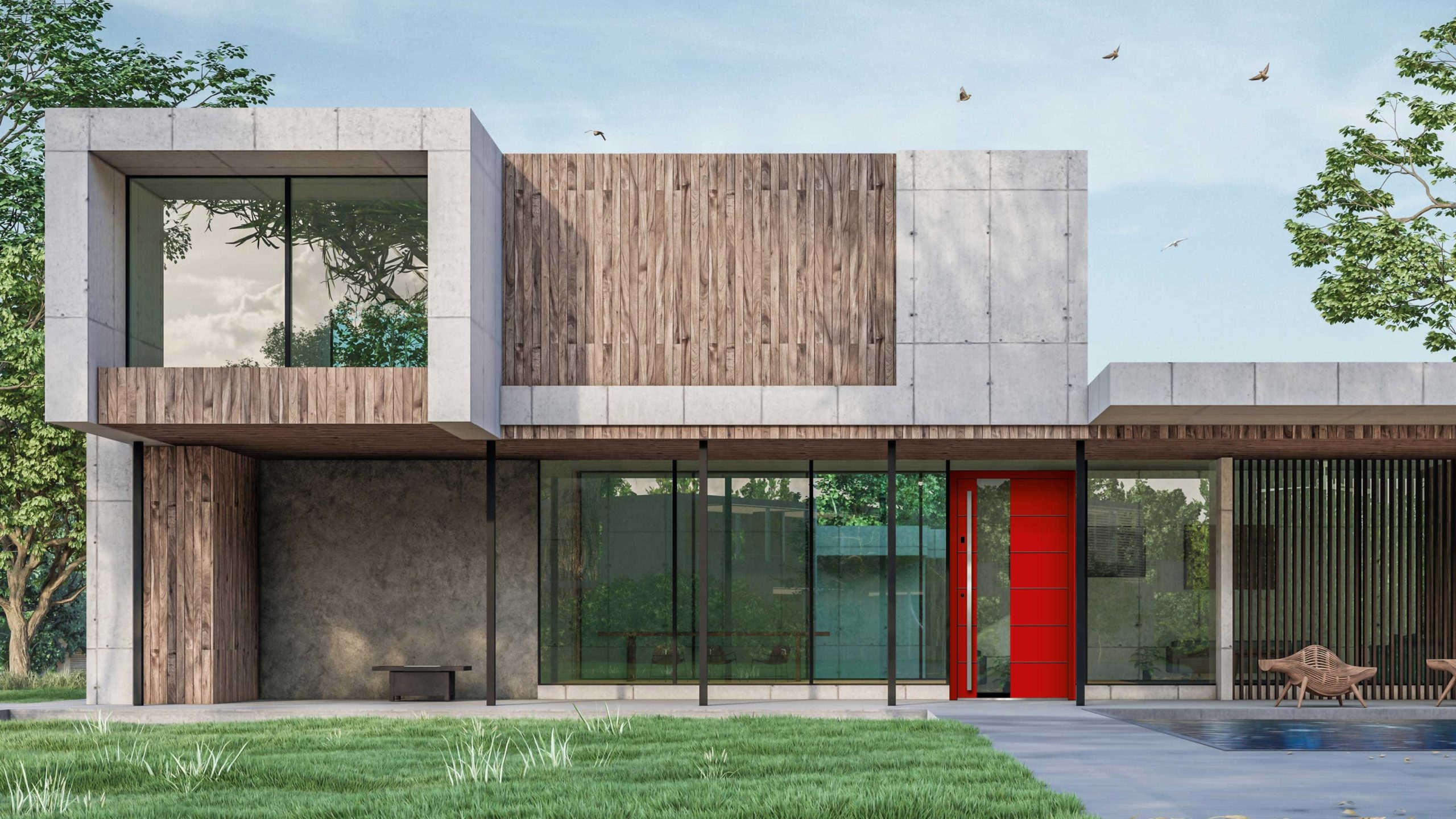 Nowoczesny, minimalistyczny dom z czerwonymi drzwiami