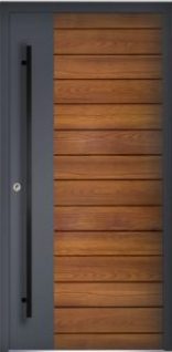 Nowoczesne drzwi wejściowe NEWAY P108 w odcieniu RAL 7016 z dekoral Winchester i efektownymi frezowanymi aplikacjami