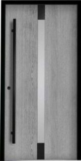 Nowoczesne drzwi wejściowe NEWAY P116 w eleganckim odcieniu RAL 9005, z wyjątkową okleiną Woodec Concrete, matową szybą VSG 33.1 oraz zlicowanymi aplikacjami w odcieniu RAL 9005