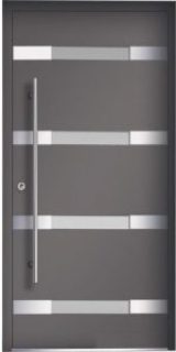 Nowoczesne drzwi wejściowe NEWAY P114 w odcieniu RAL 7016, z matową szybą VSG 33.1 i eleganckimi, zlicowanymi aplikacjami ze stali nierdzewnej