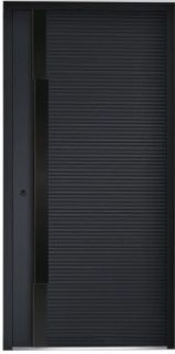 Stylowe drzwi wejściowe NEWAY P111 w kolorze RAL 7021, z aplikacjami w postaci frezowań i dopasowanym pochwycie PW21 w kolorze RAL 9005