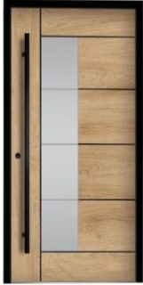 Drzwi wejściowe NEWAY P109 w kolorze RAL 9005, z wykończeniem okleiny Woodec Malt i piaskowaną szybą VSG 33.1 według wzoru, z aplikacjami w czarnym kolorze