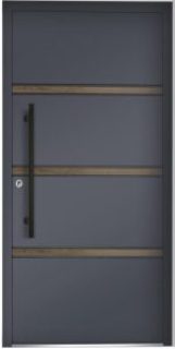 Nowoczesne drzwi wejściowe NEWAY P107 w odcieniu RAL 7016 z zlicowanymi aplikacjami w okleinie Woodec i subtelnie wykończonymi frezowaniami