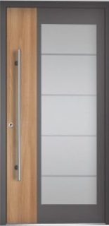 Eleganckie drzwi wejściowe NEWAY P105 w odcieniu RAL 9007 z piaskowaną szybą VSG 33.1 i okleiną Montana