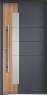 Nowoczesne drzwi wejściowe NEWAY P104 w odcieniu RAL 7016 z piaskowaną szybą i efektownymi frezowanymi aplikacjami