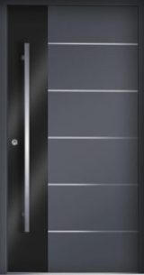 Nowoczesne drzwi wejściowe NEWAY D210 w kolorze RAL 7016 z czarnym szkłem i stalą nierdzewną