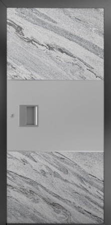 Drzwi wejściowe NEWAY H328 z fornirem White Rock, kolor RAL 7035, aplikacja stal nierdzewna 5 mm