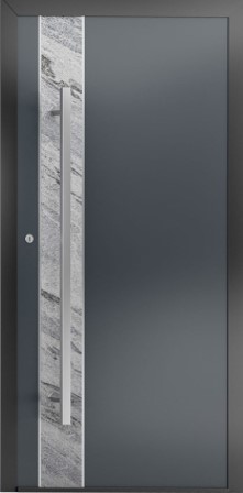 Nowoczesne drzwi zewnętrzne NEWAY H330 z fornirem White Rock, kolor RAL 7016, aplikacja stal nierdzewna 5 mm