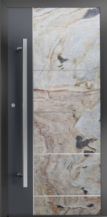 Drzwi zewnętrzne NEWAY H334 z fornirem Sand Rock. Kolor: RAL 7016. Aplikacje: stal nierdzewna 5 mm