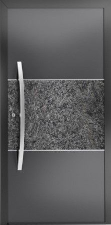 Nowoczesne drzwi zewnętrzne NEWAY H336 z fornirem Carbon Rock, kolor RAL 9005, aplikacje: stal nierdzewna
