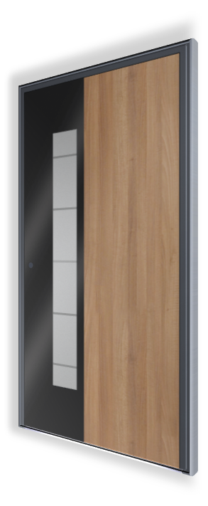 Nowoczesne drzwi wejściowe D201 NEWAY - Okleina Woodec Oak Concrete, czarne szkło - Szkło piaskowane według wzoru 33.1 - Pochwyt QA10 40×20 1600 mm, stal nierdzewna