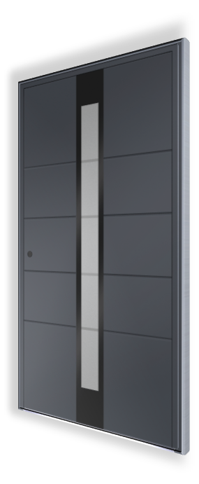 Ekskluzywne drzwi wejściowe D203 NEWAY - Kolor RAL 7016, przefrezowania - Aplikacja czarne szkło - Szkło piaskowane według wzoru 33.1 - Pochwyt P10 Fi30 1800 mm, stal nierdzewna