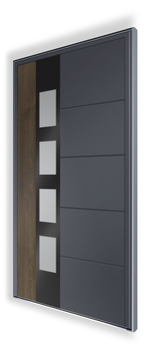 Nowoczesne drzwi wejściowe D204 NEWAY - Kolor RAL 7016, przefrezowania - Aplikacje czarne szkło, okleina Woodec - Szkło matowe 33.1 - Pochwyt PA10 Fi30 1800 mm, kolor RAL 9005