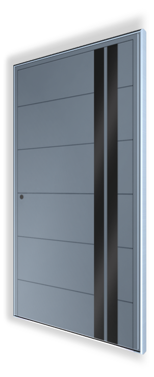 Ekskluzywne drzwi wejściowe D205 NEWAY - Kolor RAL 7001, przefrezowania - Aplikacje czarne szkło - Pochwyt P10 Fi30 1600 mm, stal nierdzewna