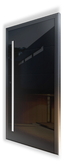 Ekskluzywne drzwi wejściowe D214 NEWAY - Panel: Szkło 6 mm hartowane / emaliowane - Aplikacje Frezy - Pochwyt KA1, zintegrowany, 1600 mm, LED zimny