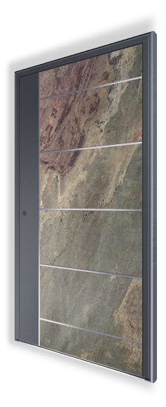 Drzwi wejściowe H302 NEWAY Exclusive Doors - kolor RAL 7016 + kamień naturalny Makalu, aplikacje 3D stal nierdzewna, pochwyt Q10 - 1800 mm w kolorze stali nierdzewnej.