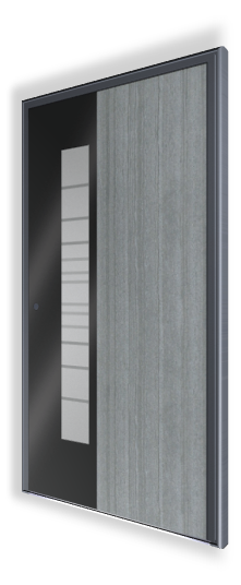 Drzwi wejściowe H303 NEWAY Exclusive Doors - kolor kamienia Annapurna, aplikacja lakierowanej blachy na dowolny RAL, pakiet szybowy z piaskowanym szkłem 33.1, pochwyt Q10 - 800 w kolorze stali nierdzewnej.