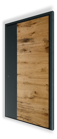 Zdjęcie drzwi wejściowych H309 NEWAY Exclusive Doors z drewnem dębowym olejowanym i aplikacją w kolorze ciemnoszarym RAL 7021. Pochwyt wykonany ze stali nierdzewnej.