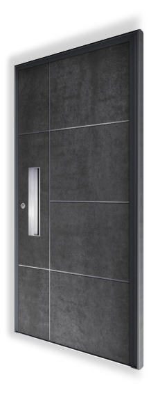 Zdjęcie drzwi wejściowych H312 NEWAY Exclusive Doors, które są wykonane ze spieku kwarcowego w kolorze Iron Grey Satin, z aplikacjami 3D ze stali nierdzewnej i pochwytem K1L w kolorze stali nierdzewnej.