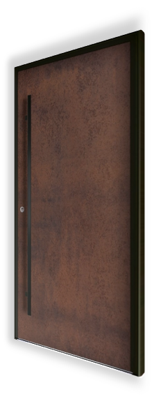 Zdjęcie drzwi wejściowych H314 NEWAY Exclusive Doors, które zostały wykonane ze spieku kwarcowego o kolorze Iron Corten Satin, z pochwytem QA10.