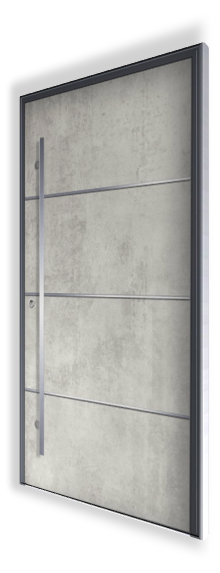 Drzwi wejściowe H316 - Nowoczesny design, wykonane ze spieku kwarcowego w kolorze Beton Silk, z aplikacjami ze stali nierdzewnej i pochwyciem Q10.