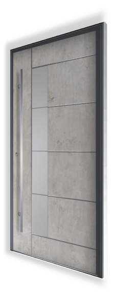 Zdjęcie przedstawia drzwi wejściowe H319 marki NEWAY Exclusive Doors. Wykonane z wysokiej jakości spieku kwarcowego o kolorze Beton Silk. Drzwi posiadają piaskowaną szybę oraz aplikacje 3D ze stali nierdzewnej. Pochwyt Q10 ma wymiary 40×20 mm i długość 1600 mm, wykonany z trwałej stali nierdzewnej