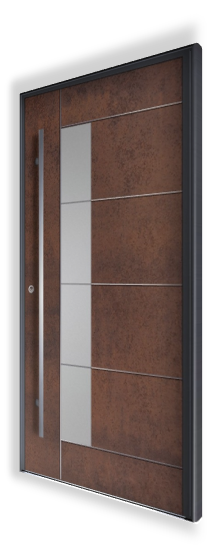 Zdjęcie przedstawia drzwi wejściowe H320 marki NEWAY Exclusive Doors. Wykonane z wysokiej jakości spieku kwarcowego o kolorze Iron Corten Satin. Drzwi posiadają piaskowaną szybę oraz aplikacje 3D ze stali nierdzewnej. Pochwyt Q10 ma wymiary 40×20 mm i długość 1600 mm, wykonany z trwałej stali nierdzewnej