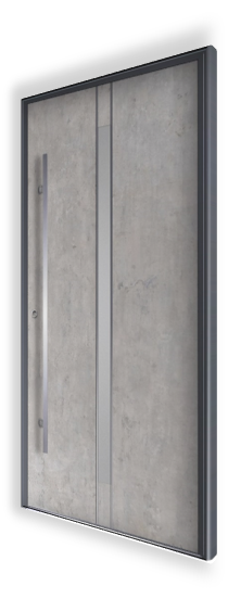 Zdjęcie przedstawia nowoczesne drzwi wejściowe aluminiowe model H322 marki NEWAY Exclusive Doors. Wykonane z wysokiej jakości spieku kwarcowego o kolorze Beton Silk. Szyba jest piaskowana, a drzwi ozdobione 3D aplikacjami ze stali nierdzewnej. Pochwyt Q 10 ma wymiary 40×20 mm i długość 1400 mm, wykonany z trwałej stali nierdzewnej