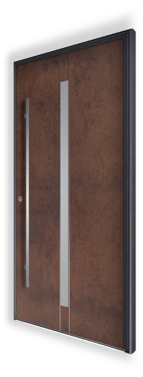 Zdjęcie przedstawia drzwi wejściowe H323 marki NEWAY Exclusive Doors. Wykonane z wysokiej jakości spieku kwarcowego o kolorze Iron Corten Satin. Drzwi posiadają piaskowaną szybę oraz aplikacje 3D ze stali nierdzewnej. Pochwyt Q 10 ma wymiary 40×20 mm i długość 1400 mm, wykonany z trwałej stali nierdzewnej