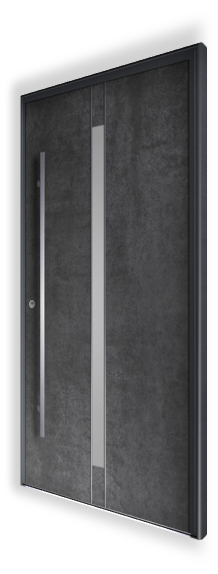 Zdjęcie przedstawia drzwi wejściowe H324 NEWAY Exclusive Doors. Wykonane z spieku kwarcowego o kolorze Iron Grey Satin. Szyba jest piaskowana, a drzwi ozdobione 3D aplikacjami ze stali nierdzewnej. Pochwyt Q 10 ma wymiary 40×20 mm i długość 1400 mm, wykonany z trwałej stali nierdzewnej