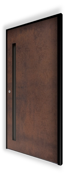 Drzwi wejściowe H326 NEWAY Exclusive Doors. Wykonane z spieku kwarcowego. Kolor: Iron Corten Satin. Pochwyt: KA1, długość 1600 mm, zintegrowany, RAL 9005