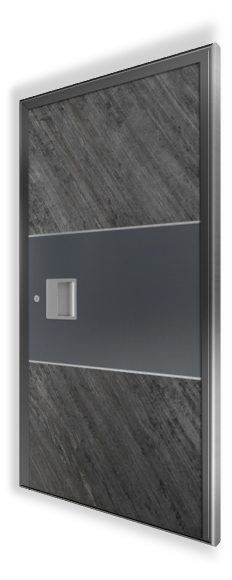 Drzwi wejściowe H332 NEWAY Exclusive Doors. Wykonane z forniru Sand Rock. Kolor: RAL 9005. Aplikacje: stal nierdzewna 5 mm. Pochwyt: K1L 200 × 200.