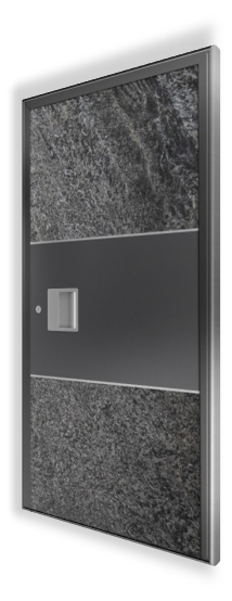 Zdjęcie przedstawia drzwi wejściowe H337 NEWAY Exclusive Doors. Wykonane z forniru Sand Rock. Kolor: RAL 9005. Aplikacje: stal nierdzewna 5 mm. Pochwyt: K1L 200 × 200.