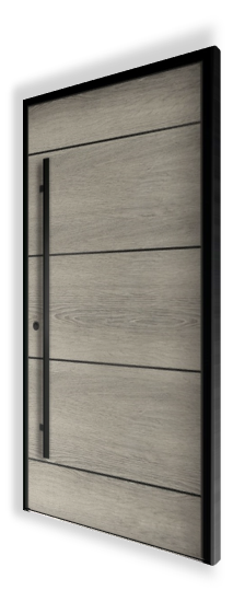 Ekskluzywne drzwi wejściowe P102 NEWAY - RAL 9005 - Okleina Woodec Alpine - Aplikacje Czarne, zlicowane - Pochwyt QA10, RAL 9005, 1600 mm