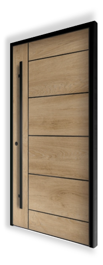 Ekskluzywne drzwi wejściowe P103 NEWAY - RAL 9005 - Okleina Woodec Malt - Aplikacje Czarne, zlicowane - Pochwyt QA10, RAL 9005, 1600 mm