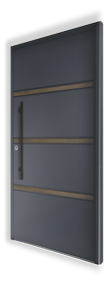 Ekskluzywne drzwi wejściowe P107 NEWAY - RAL 7016 - Aplikacje z okleiną Woodec - Pochwyt PA10, RAL 9005, 800 mm