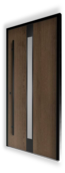 Ekskluzywne drzwi wejściowe P117 NEWAY - RAL 9005 - Okleina Woodec Toffee - Szyba VSG 33.1, matowa - Aplikacje zlicowane, RAL 9005 - Pochwyt QA10, RAL 9005, 1600 mm