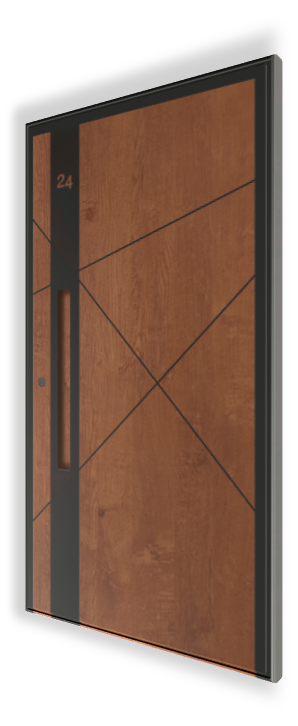 Ekskluzywne drzwi wejściowe P118 NEWAY - RAL 9005 - Okleina Turner Oak Malt - Czarne aplikacje - Pochwyt KA1, lakier RAL 9005, 800 mm