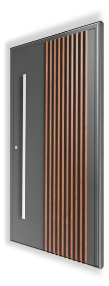 Drzwi wejściowe P144 NEWAY Exclusive Doors - kolor RAL 7021, aplikacje pionowe lamele 3D dekoral Winchester, pochwyt Q10 stal nierdzewna 304, 1600 mm.
