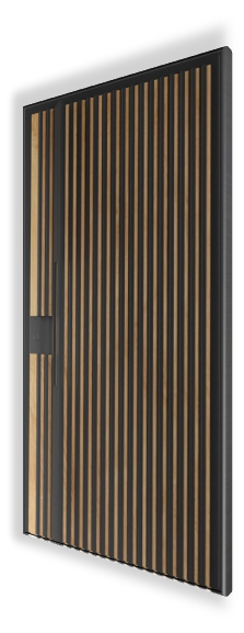 Drzwi wejściowe P145 NEWAY Exclusive Doors - okleina Turner Oak Malt, aplikacje pionowe lamele 3D kolor RAL 9005, pochwyt PZV w kolorze RAL 9005.