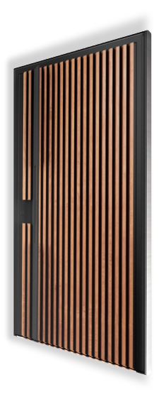 Drzwi wejściowe P146 NEWAY Exclusive Doors - kolor RAL 9005, aplikacje pionowe lamele 3D dekoral Winchester, pochwyt PZV w kolorze RAL 9005.