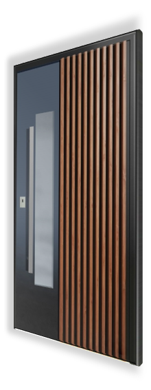 Drzwi wejściowe P147 NEWAY Exclusive Doors - kolor RAL 9005, szyba Satinovo, aplikacje czarne szkło lakierowane, pionowe lamele 3D kolor dekoral Winchester, pochwyt Q10 40×20 - 1200 mm ze stali nierdzewnej.