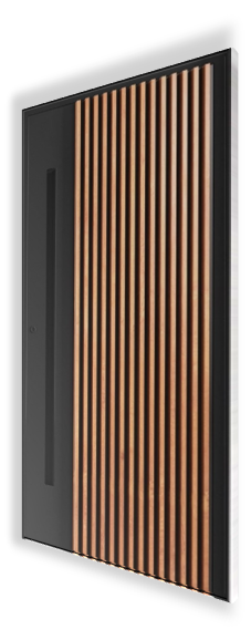 Drzwi wejściowe P149 NEWAY exclusive doors. Kolor: RAL 7016. Aplikacje: Pionowe lamele 3D w kolorze dekoral Winchester. Pochwyt: KA1 - zintegrowany, RAL 7016, 1600 mm