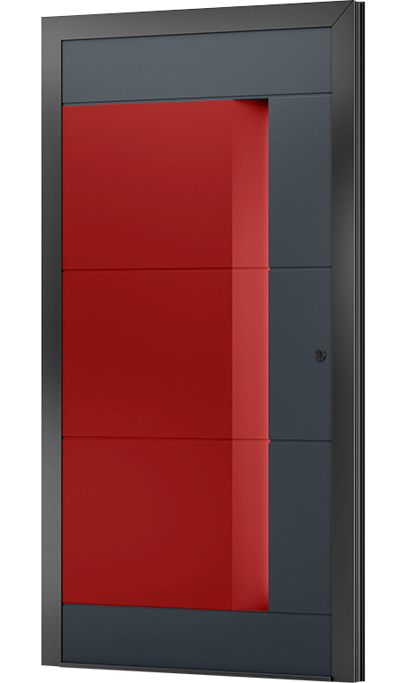 Nowoczesne drzwi wejściowe z panelem w kolorze szarości i czerwieni oraz z pochwytem