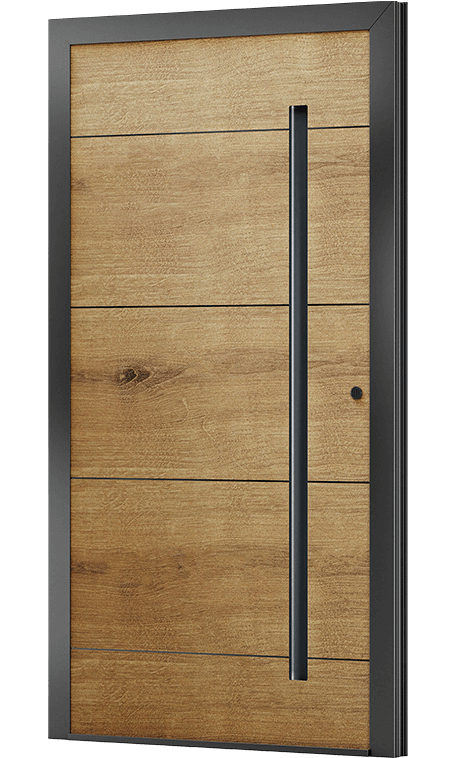 Eleganckie drzwi wejściowe z panelem drewnopodobnym i pochwytem - harmonia natury i nowoczesności.