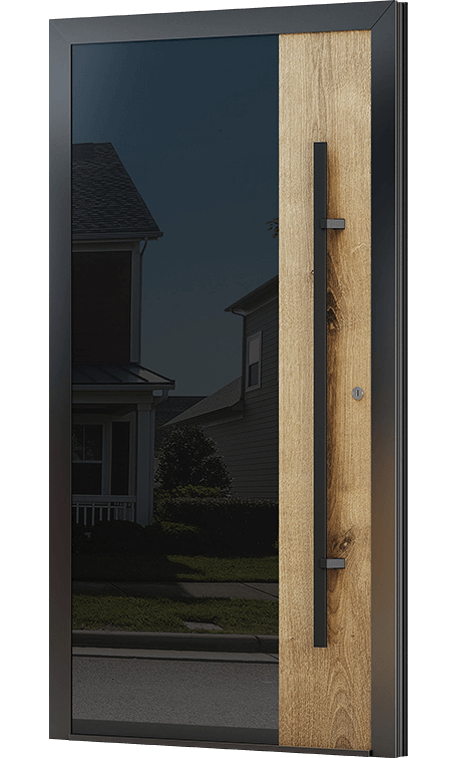 Zdjęcie przedstawia drzwi wejściowe z panelem wykonanym z naturalnego drewna i lacobelu